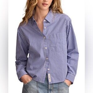 Lucky Brand Poplin Cropped Button Down in blue gingham